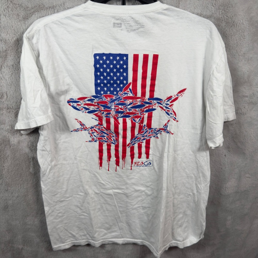 Flogo Graphic T Shirt Mens L White American Flag Shark Fishing Outdoors‎
